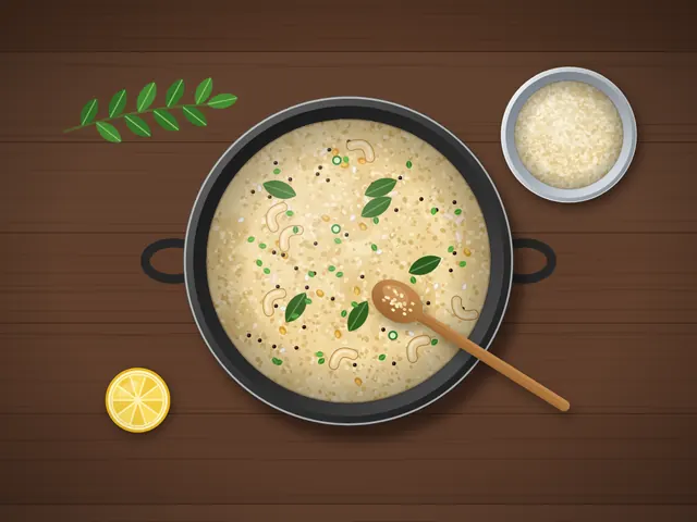 Upma cooking in an iron kadai with a wooden spoon, mustard seeds and curry leaves