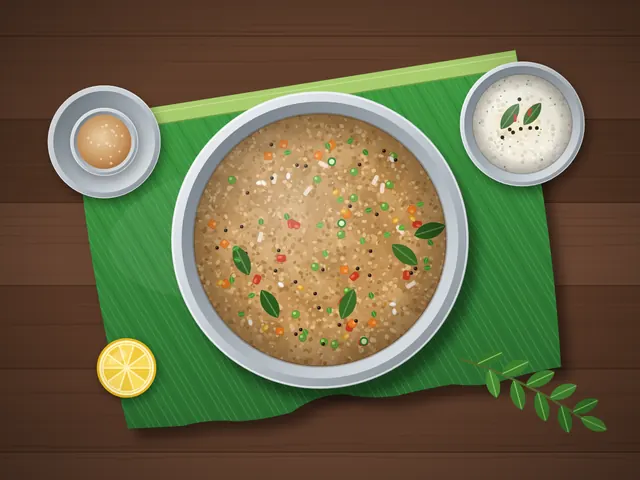 Broken wheat upma with tomato, carrot and peas in a bowl on a banana leaf