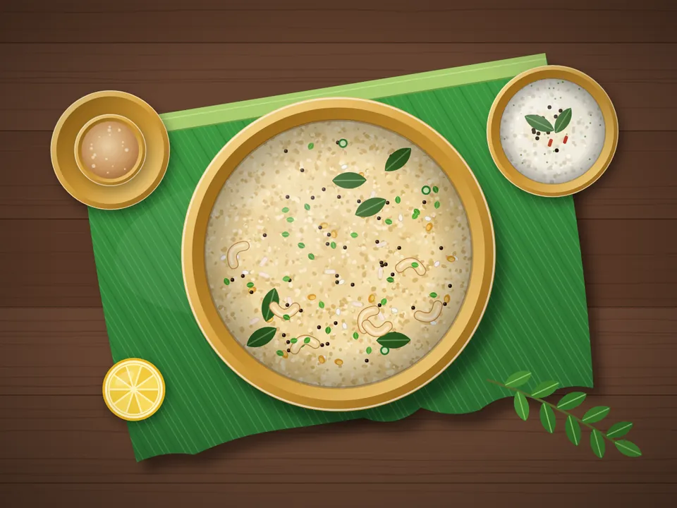 A traditional brass bowl of upma on a banana leaf with coconut chutney and curry leaves