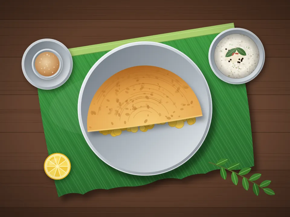 Golden crisp masala dosa folded over potato filling on a steel plate with banana leaf, coconut chutney and sambar