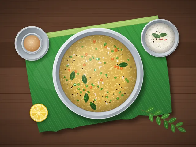 Millet upma with foxtail millet, carrot and peas in a bowl on a banana leaf