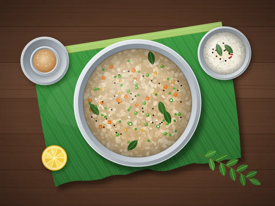 Oats upma with carrot, peas and curry leaves in a bowl on a banana leaf