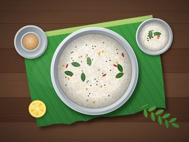 Rice rava upma with grated coconut, red chilies and curry leaves in a bowl on a banana leaf