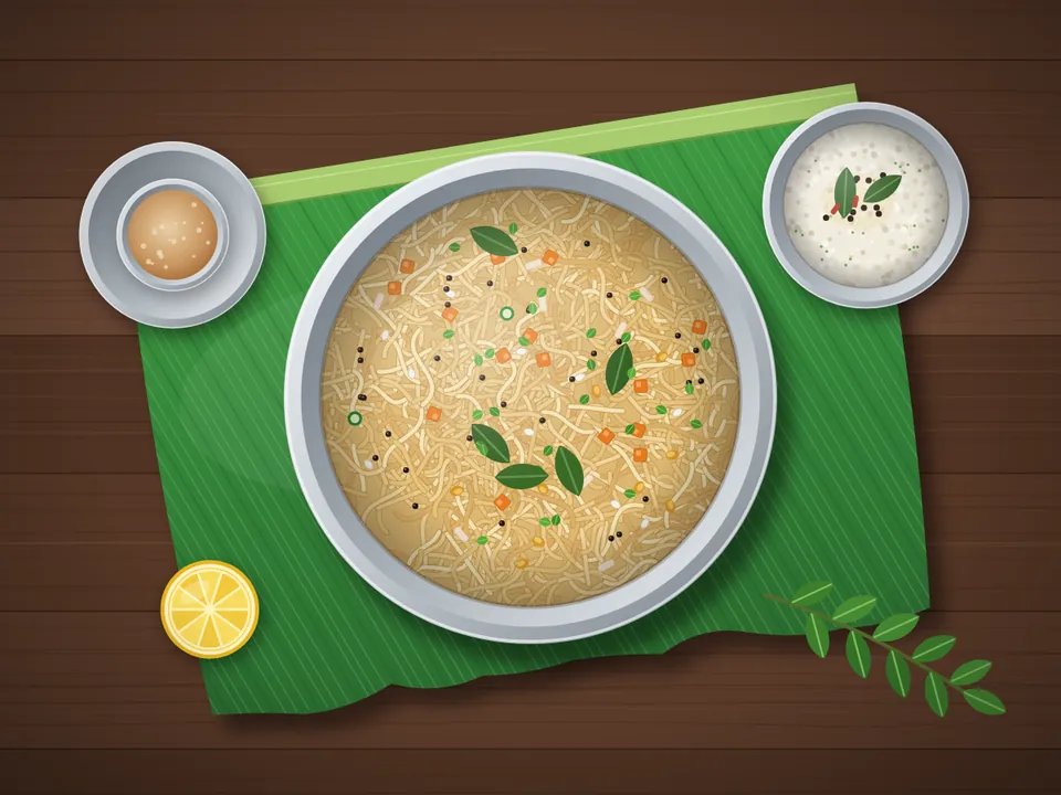Semiya upma made with vermicelli, carrot and curry leaves in a bowl on a banana leaf