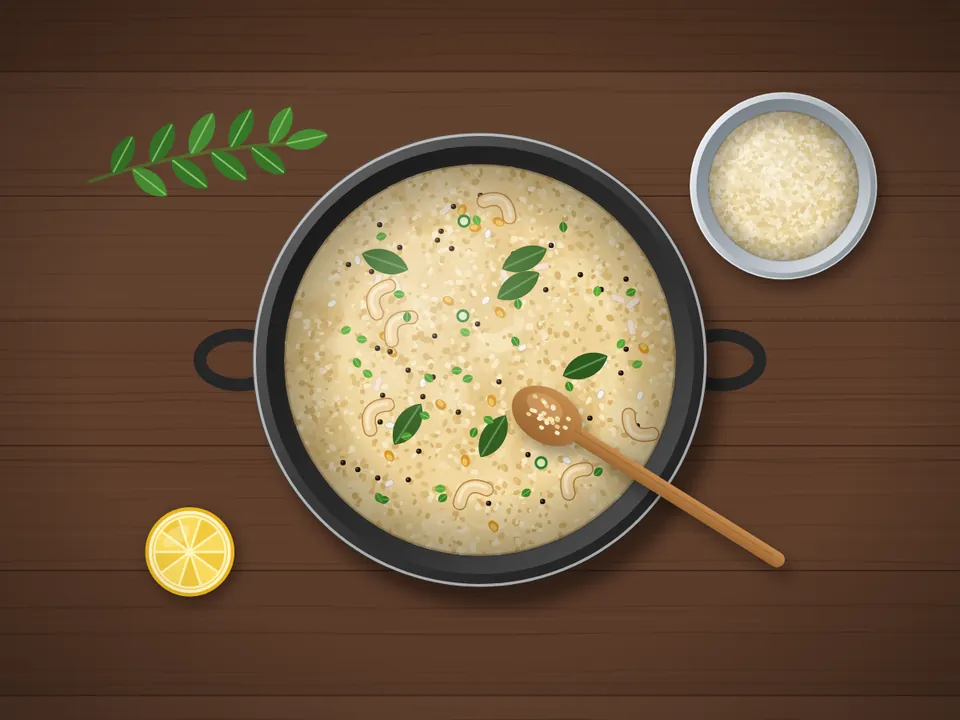 Upma cooking in an iron kadai with a wooden spoon, mustard seeds and curry leaves