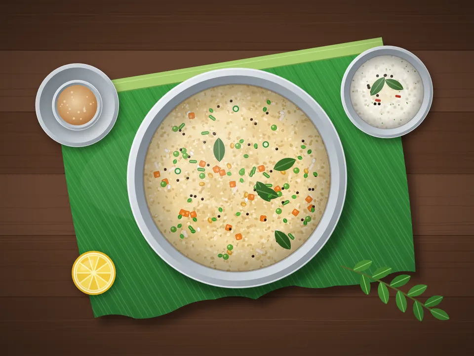 Vegetable upma with carrot, green peas and beans in a bowl on a banana leaf